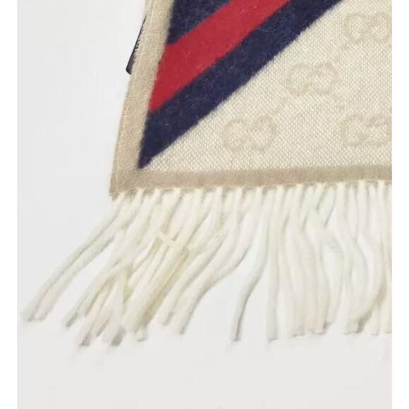 Gucci Mens Logo Monogram Wool Long Fringe Scarf Cream Beige NWOT - Picture 3 of 7